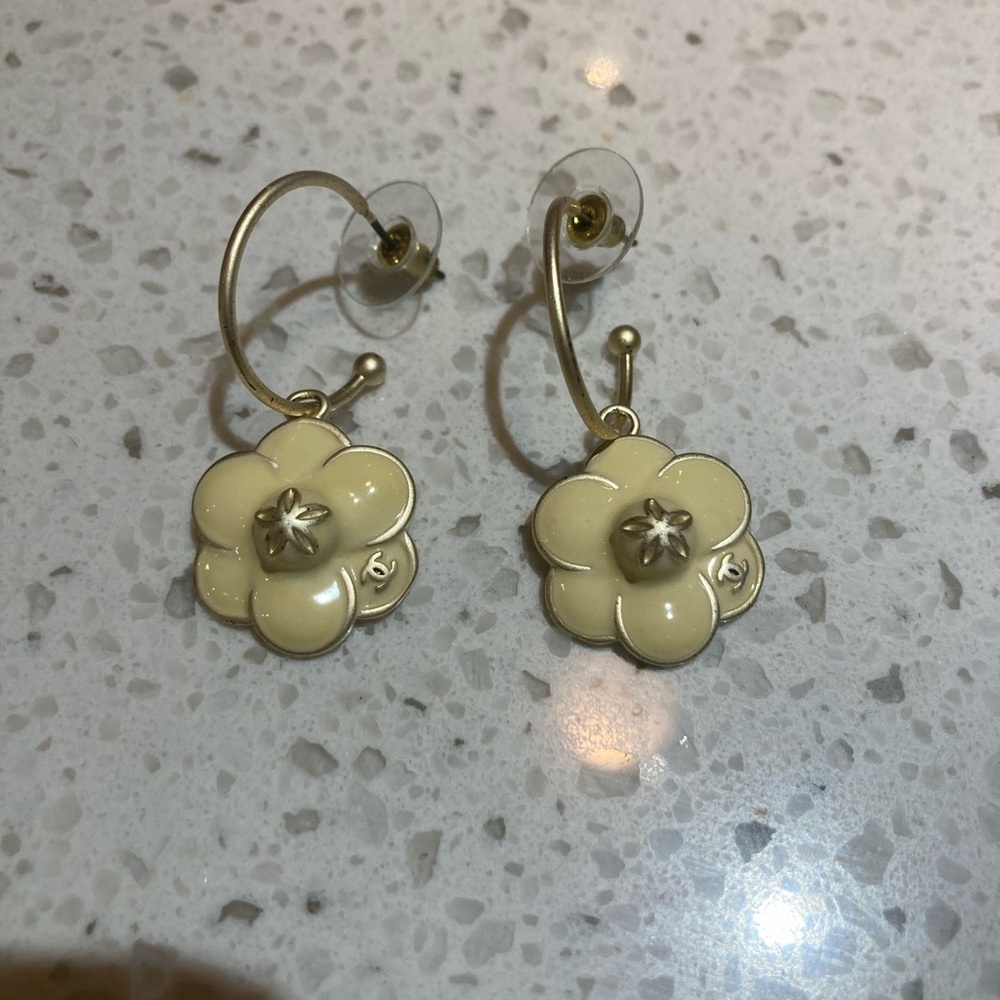 Chanel Camellia Flower Earrings Gold Hoops